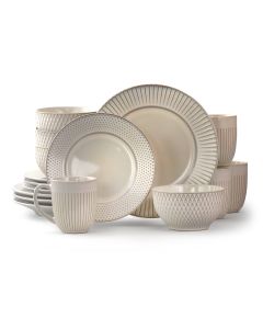 Elama Market Finds 16 Piece Round Stoneware Dinnerware Set in Embossed White